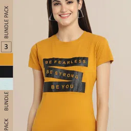Fabflee Women Mustard Yellow & Black Pack of 3 Graphic Printed Cotton T-shirt-image-77