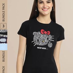 Fabflee Women Black & Navy Blue Pack of 3 Graphic Printed Cotton T-shirt-image-41