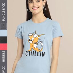 Fabflee Women Blue & Black Pack of 3 Typography Printed Cotton T-shirt-image-110