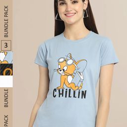 Fabflee Women Blue & White Pack of 3 Graphic Printed Cotton T-shirt-image-93
