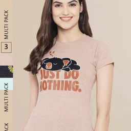 Fabflee Women Charcoal & Beige Pack of 3 Graphic Printed Cotton T-shirt-picture-39
