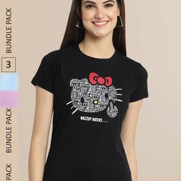 Fabflee Black & Lavender Pack Of 3 Printed Cotton T-shirts-image-99