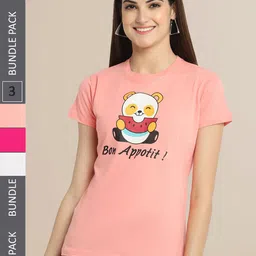 Fabflee Women Peach-Coloured & Pink Pack of 3 Printed T-shirt-16
