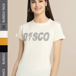 Fabflee Women Black & Mustard Yellow Pack of 3 Graphic Printed Cotton T-shirt-image-93
