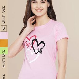 Fabflee Women Pink & Mustard Yellow Pack of 3 Graphic Printed Cotton T-shirt-image-20