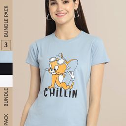 Fabflee Women Pack Of 3 Mickey Mouse Printed Cotton T-shirts-picture-43