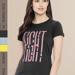 Fabflee Women Black & Yellow Pack of 3 Typography Printed Cotton T-shirts-image-118