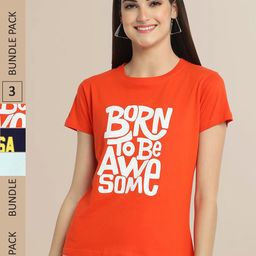 Fabflee Women Orange & Navy Blue Pack of 3 Graphic Printed Cotton T-shirt-image-93