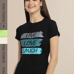 Fabflee Women Black & Green Pack of 3 Graphic Printed Cotton T-shirt-image-90