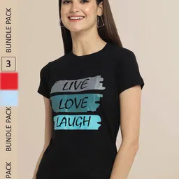 Fabflee Black & Blue Pack Of 3 Printed Cotton T-shirts-image-105
