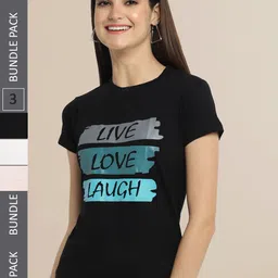 Fabflee Women Black & White Typography  Pack of 3 Printed T-shirt-picture-0