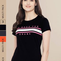 Fabflee Women Orange & Black Pack of 3 Graphic Printed Cotton T-shirt-image-70