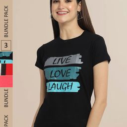 Fabflee Women Black & Red Pack of 3 Graphic Printed Cotton T-shirt-image-81