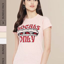 Fabflee Women White & Cream Pack of 3 Typography Printed Cotton T-shirts-image-100
