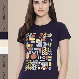 Fabflee Women Black & Cream Pack of 3 Printed Cotton T-shirt-image-99