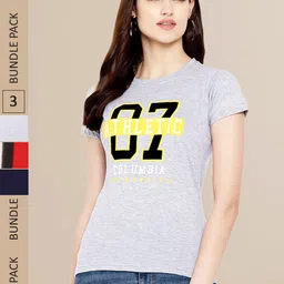 Fabflee Women Navy Blue & Grey Pack of 3 Graphic Printed Cotton T-shirt-image-90