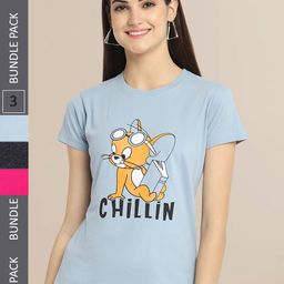 Fabflee Women Blue & Black  Pack of 3 Printed T-shirt-image-128