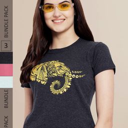 Fabflee Women Black & Rose Pack of 3 Printed Cotton T-shirts-image-90