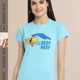 Fabflee Women Blue & Beige Pack of 3 Graphic Printed Cotton T-shirt-image-93