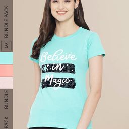 Fabflee Women Turquoise Blue & Peach Pack of 3 Typography Printed Cotton T-shirt-image-89