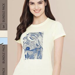 Fabflee Women Yellow & Blue Pack of 3 Graphic Printed Cotton T-shirt-picture-38