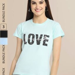 Fabflee Women Sea Green & Blue Pack Of 3 Printed Cotton T-shirts-image-57