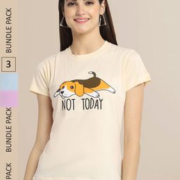 Fabflee Cream & Lavender Pack Of 3 Printed Cotton T-shirts-image-64