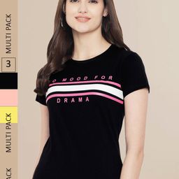 Fabflee Women Black & Yellow Pack of 3 Graphic Printed Cotton T-shirt-image-105