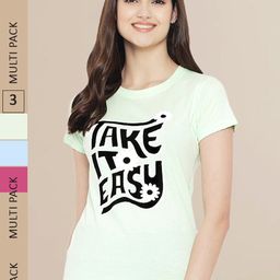 Fabflee Women Blue & Green Pack of 3 Graphic Printed Cotton T-shirt-image-18