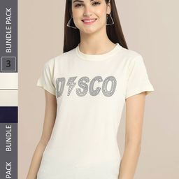 Fabflee Women Navy Blue & Beige Pack of 3 Graphic Printed Cotton T-shirt-image-94
