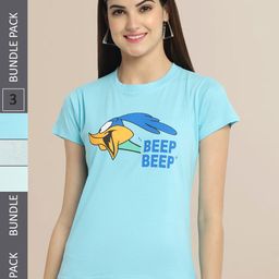 Fabflee Women Blue & Mint Green Pack of 3 Graphic Printed Cotton T-shirt-image-98