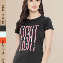 Fabflee Women Blue & Orange Pack of 3 Graphic Printed Cotton T-shirt-image-66