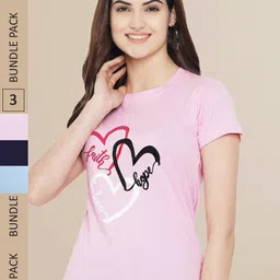 Fabflee Women Black & Pink Pack of 3 Typography Printed Cotton T-shirts-picture-21
