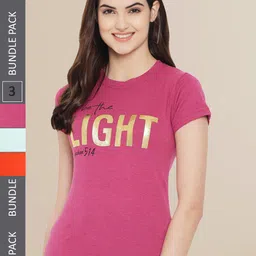Fabflee Women Orange & Mauve Pack of 3 Graphic Printed Cotton T-shirt-image-120