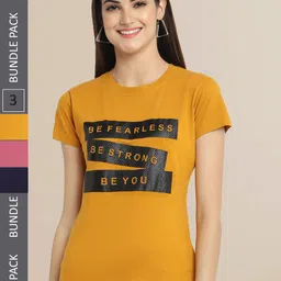 Fabflee Women Mustard Yellow & Mauve Pack of 3 Graphic Printed Cotton T-shirt-image-123