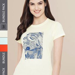 Fabflee Women Orange & Blue Pack of 3 Graphic Printed Cotton T-shirt-image-76