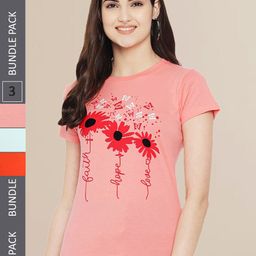 Fabflee Women Peach & Blue Pack of 3 Graphic Printed Cotton T-shirt-image-32