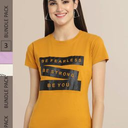 Fabflee Women Mustard Yellow & Lavender Typography  Pack of 3 T-shirt-image-76