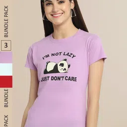 Fabflee Women Lavender & Blue Pack of 3 Cotton T-shirt-image-117