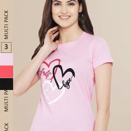 Fabflee Women Pink & Black Pack of 3 Graphic Printed Cotton T-shirt-picture-42