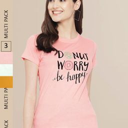 Fabflee Women Pink & Mint Green Pack of 3 Graphic Printed Cotton T-shirt-image-92