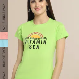 Fabflee Women Fluorescent Green & Peach-Coloured  Pack of 3 T-shirt-picture-16