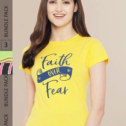 Fabflee Women Yellow & Green Pack of 3 Graphic Printed Cotton T-shirt-image-95