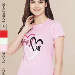 Fabflee Women Pink & Red Pack of 3 Typography Printed Cotton T-shirts-image-102