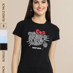 Fabflee Women Black & Grey Pack of 3 Typography Printed Cotton T-shirts-image-83