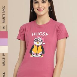 Fabflee Women Rose & Lavender Pack of 3 Printed Cotton T-shirt-image-74