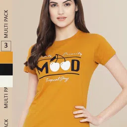 Fabflee Women Black & Mustard Yellow Pack of 3 Graphic Printed Cotton T-shirt-image-99