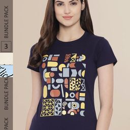 Fabflee Women Navy Blue & Cream Pack of 3 Graphic Printed Cotton T-shirt-image-111