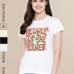 Fabflee Women White & Black Pack of 3 Typography Printed Cotton T-shirt-image-105