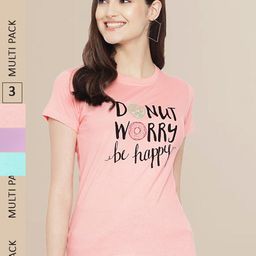 Fabflee Women Blue & Lavender Pack of 3 Graphic Printed Cotton T-shirt-image-75